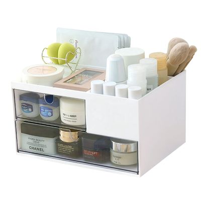 MILULUGO Makeup Organizer with 2 Drawers, Desk Organizer, 4 Compartments, Cosmetics Storage Box for nail polish,Lipstick, Brushes, Jewelry, Skincare, Bathroom Organization Boxes - White