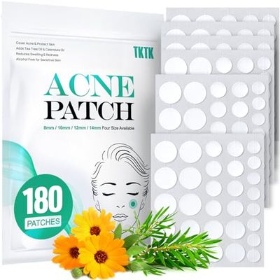 TKTK Pimple Patches for Face, 4 Sizes 180 Patches Acne Patches Hydrocolloid Zit Patches Acne Dots Cystic Pimple Stickers Acne Cover Patch with Tea Tree and Calendula Oil