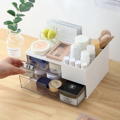 MILULUGO Makeup Organizer with 2 Drawers, Desk Organizer, 4 Compartments, Cosmetics Storage Box for nail polish,Lipstick, Brushes, Jewelry, Skincare, Bathroom Organization Boxes - White