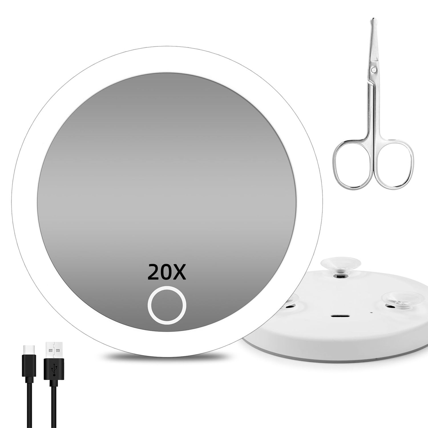 Travel Magnifying Mirror with Light 20X, 4inch Rechargeable Lighted Magnified Mirror with Suction Cups, Small Magnifying Mirror 20x High Magnification Compact Pocket Makeup Mirror with Scissors
