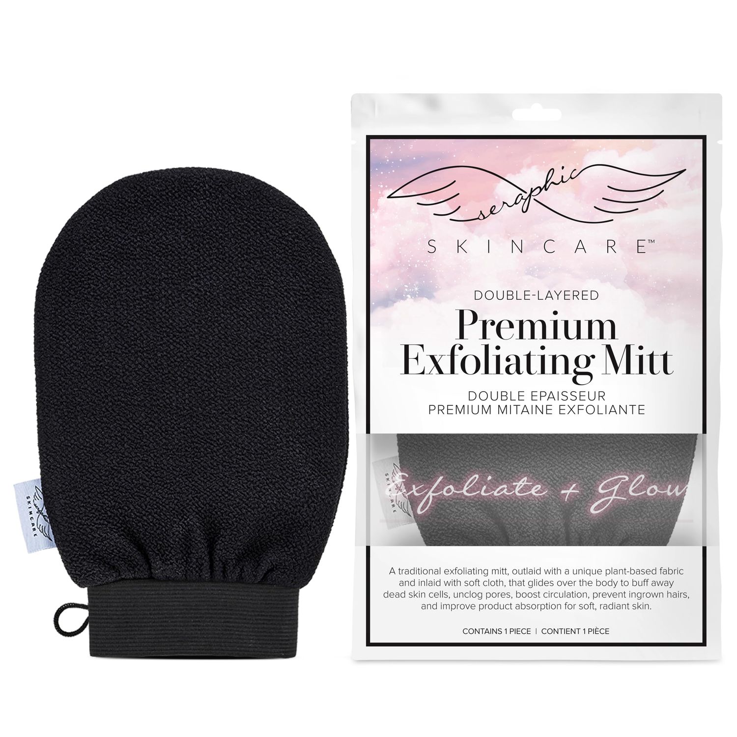 Seraphic Skincare Double-Layered Premium Exfoliating Mitt - 100% Vegan Viscose - Traditional Korean Exfoliating Glove Kessa Lined with Soft Washcloth - Self-Tan Remover, Body Scrubber &amp; Shower Loofah