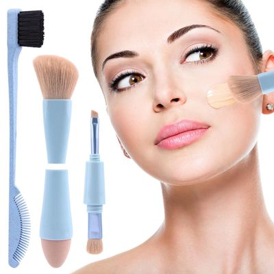 UXELY 4 in 1 Makeup Brush Multitasker Portable Makeup Brush Set,Double Head Travel Makeup Brush with Eyebrow Brush for Foundation,Concealer,Eyebrow,Eyeshadow,Blush,Contour (Blue)