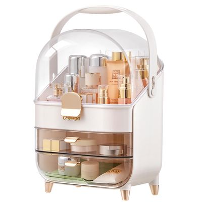 Makeup Storage Organizer with Lid, Waterproof Cosmetics Skincare Organizer for Vanity, Portable Makeup Storage Box for Countertop, Gifts, Women(Pearl White)