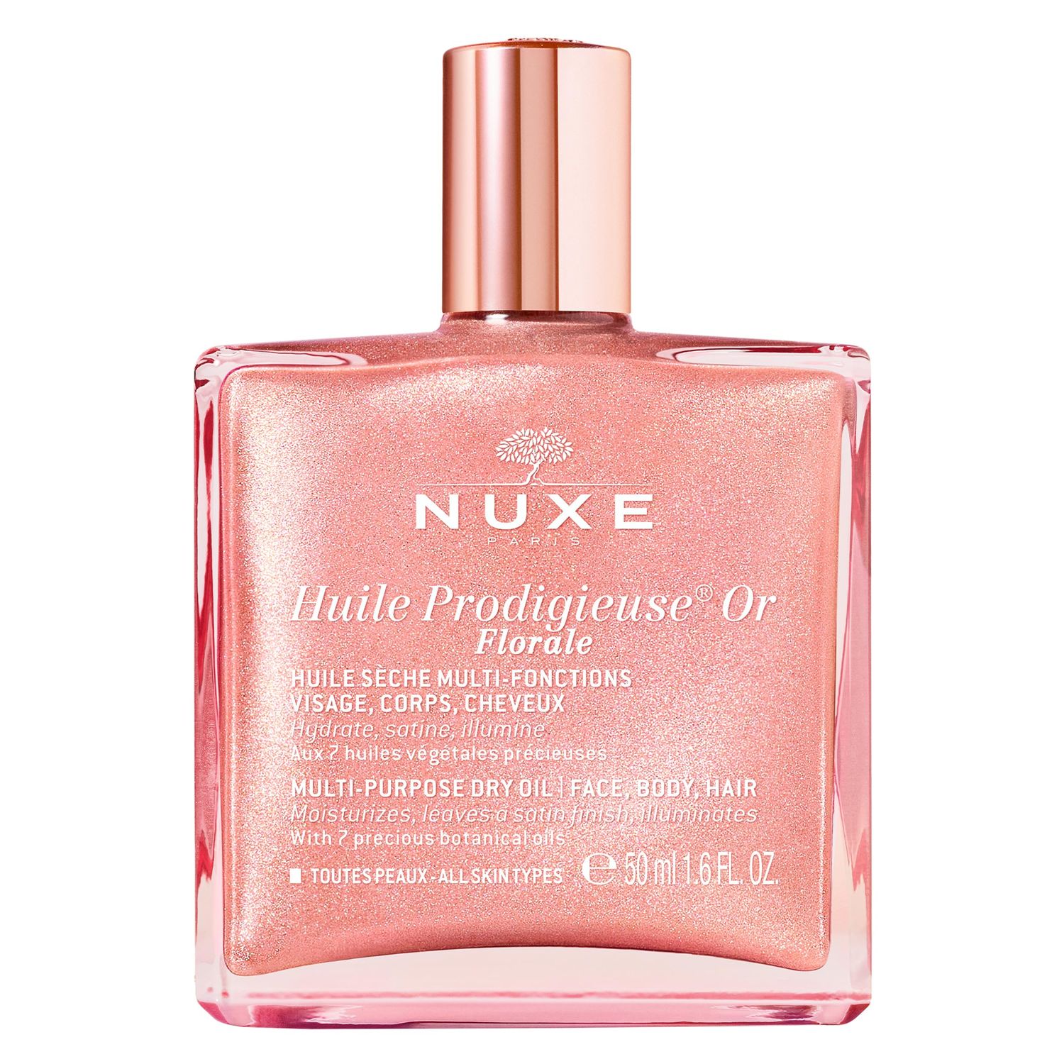 NUXE Huile Prodigieuse Floral Shimmering Multi Purpose Dry Oil for Face, Body &amp; Hair. Luxurious Rose Gold Glow and Deep Hydration, 1.6 fl.oz.