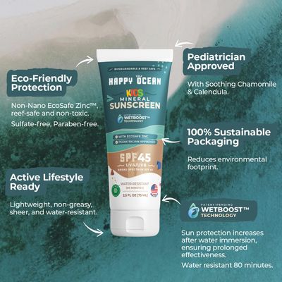 SPF 45 Organic Non Toxic Mineral Sunscreen for Kids, Sunscreen for Sensitive Skin, Natural Reef Safe Sunscreen, Kids Mineral Sunscreen for Face &amp; Body, Water Resistant 2.5 Fl Oz