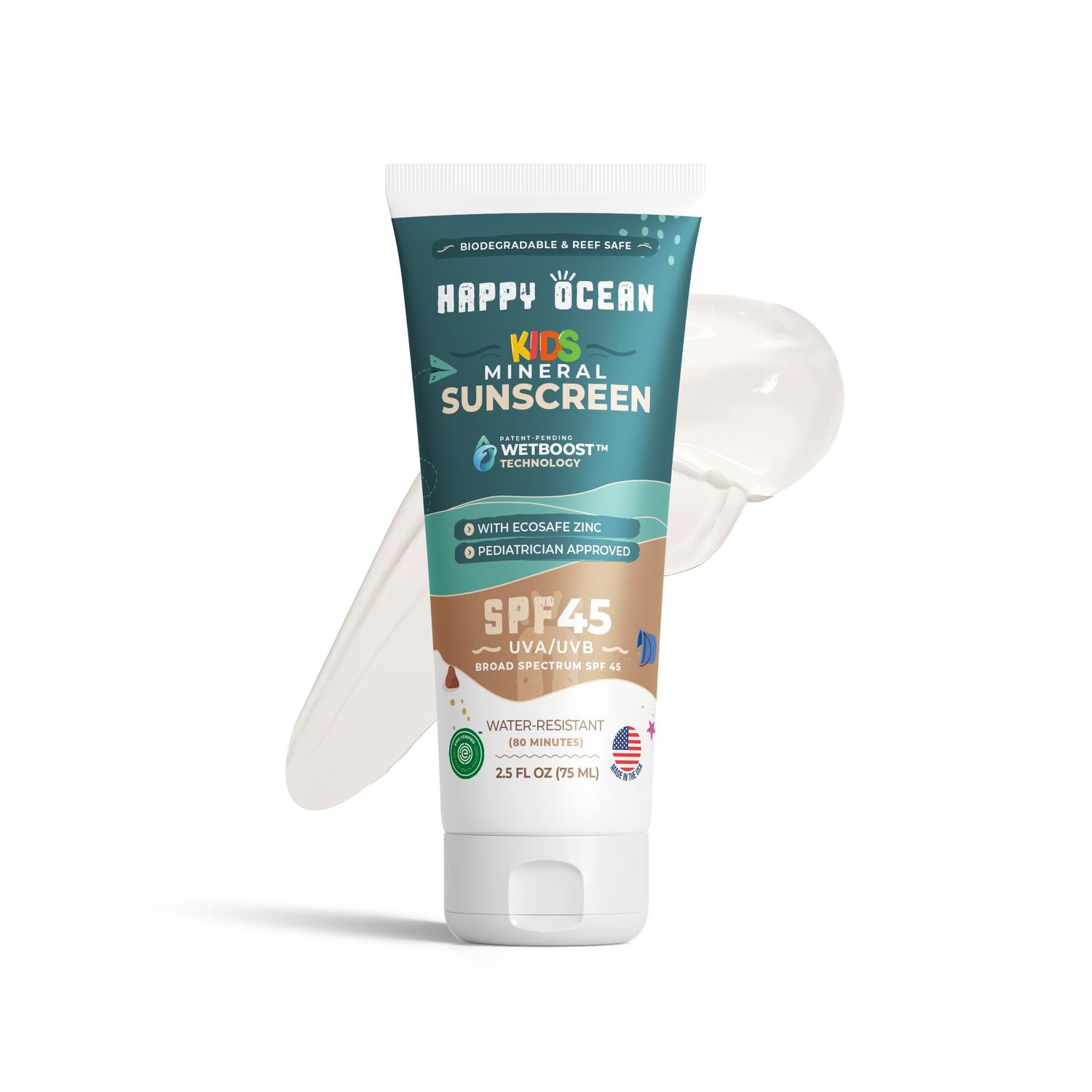 SPF 45 Organic Non Toxic Mineral Sunscreen for Kids, Sunscreen for Sensitive Skin, Natural Reef Safe Sunscreen, Kids Mineral Sunscreen for Face &amp; Body, Water Resistant 2.5 Fl Oz