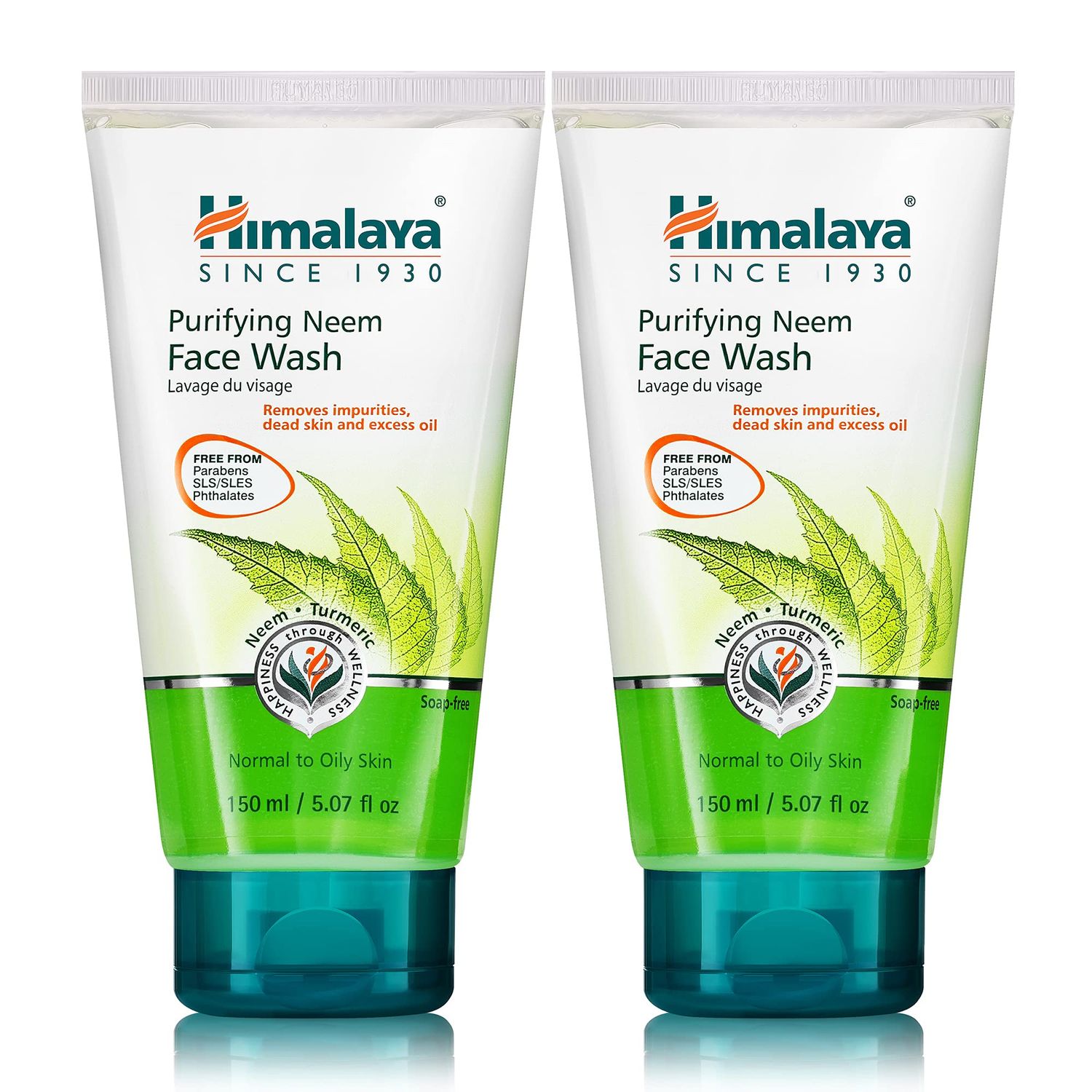 Himalaya Purifying Neem Face Wash, Normal to Oily Skin with Turmeric, Vegan, Soap Free, Paraben Free, Dermatologically Tested, SLS/SLES Free, 5.07 Fl Oz., 150 mL, 2 Pack