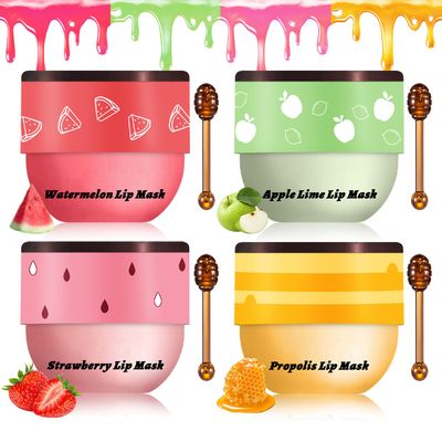 IONSGAKO 4PCS Bee Lip Balm Honey Pot, Honey Strawberry Watermelon Apple Lime Lip Mask Sleeping Honey Lip Mask Overnight Hydrating Propolis Honey Pot Lip Balm for Dry Lips Care