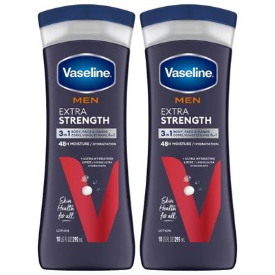 Vaseline Lotion for Men Extra Strength 3-in-1 for Face, Hands &amp; Body + Original Lip Therapy for Dry Lips with Petroleum Jelly (2 Piece Set)