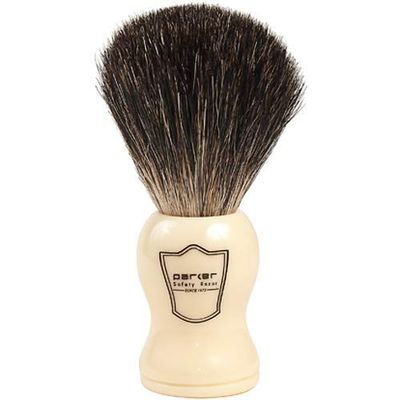 Parker 100% Black Badger Bristle Shaving Brush with White Handle-Extra Dense Badger Bristles Shave Brush Create a Superior Lather-Brush Stand Included