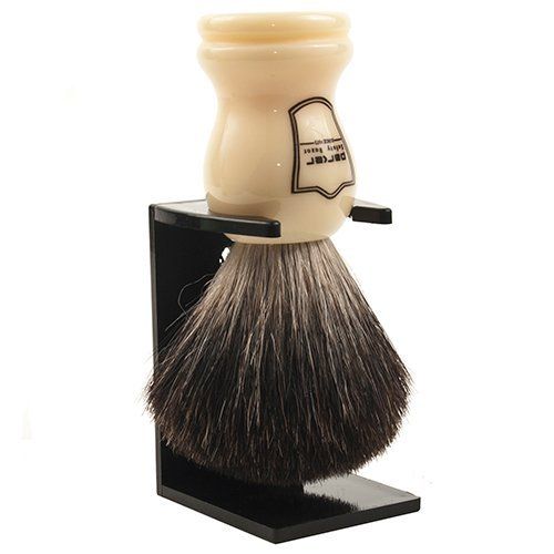Parker 100% Black Badger Bristle Shaving Brush with White Handle-Extra Dense Badger Bristles Shave Brush Create a Superior Lather-Brush Stand Included