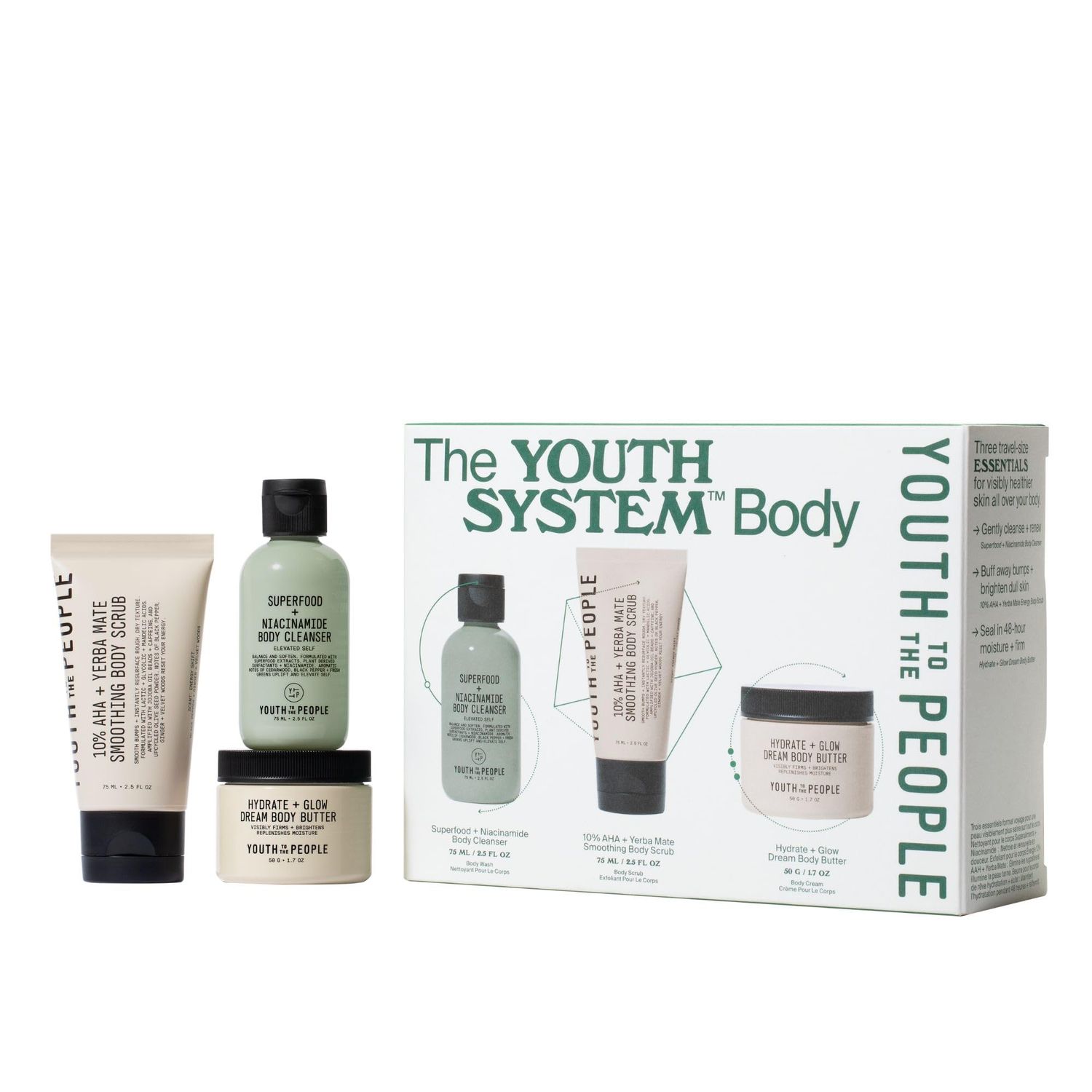 Youth To The People Body Care 3-Piece Travel Giftset - Superfood + Niacinamide Body Cleanser Wash - Firm + Glow Dream Body Butter - 10% AHA + Yerba Mate Smoothing Body Scrub - Vegan, Cruelty-Free