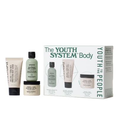 Youth To The People Body Care 3-Piece Travel Giftset - Superfood + Niacinamide Body Cleanser Wash - Firm + Glow Dream Body Butter - 10% AHA + Yerba Mate Smoothing Body Scrub - Vegan, Cruelty-Free