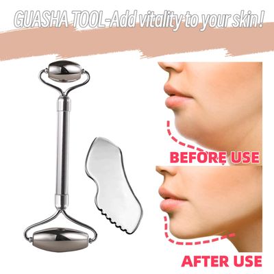 Tileu Face Roller Massager Skin & Gua Sha Facial Tools Stainless Steel, Facial Massage Skin Carefor Face Neck Body, Reduce Puffiness Remove Wrinkles, Christmas Gift for Women 2PCS