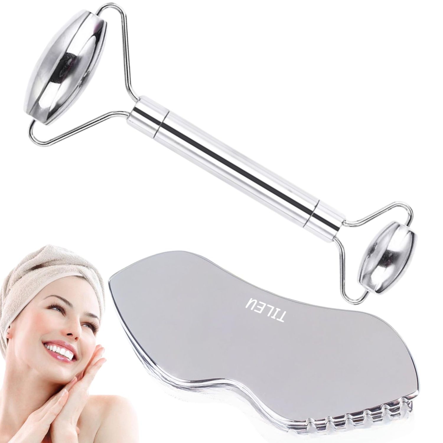 Tileu Face Roller Massager Skin &amp; Gua Sha Facial Tools Stainless Steel, Facial Massage Skin Carefor Face Neck Body, Reduce Puffiness Remove Wrinkles, Christmas Gift for Women 2PCS