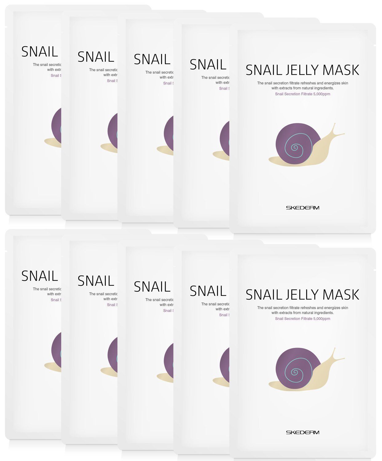 SKEDERM Korean Face Mask Snail Jelly Sheet Mask 10 Sheets Hydrating Sheet Mask Anti-Wrinkle Korean Skin Care Anti-Aging Sheets Pack Moisturizing Snail Secretion Filtrate 30,000ppm