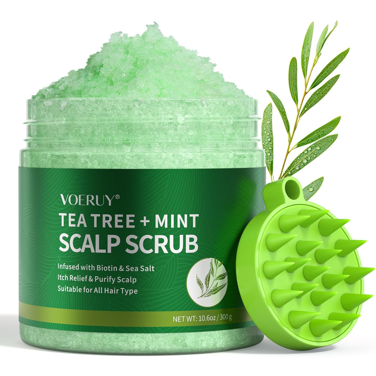 VOERUY Scalp Scrub, Tea Tree Scalp Exfoliator Scrub Shampoo, Scalp Treatment with Mint Oil, Hair Treatment to Clarify and Remove Build up with Silicone Scalp Massager, 10.6oz/300g