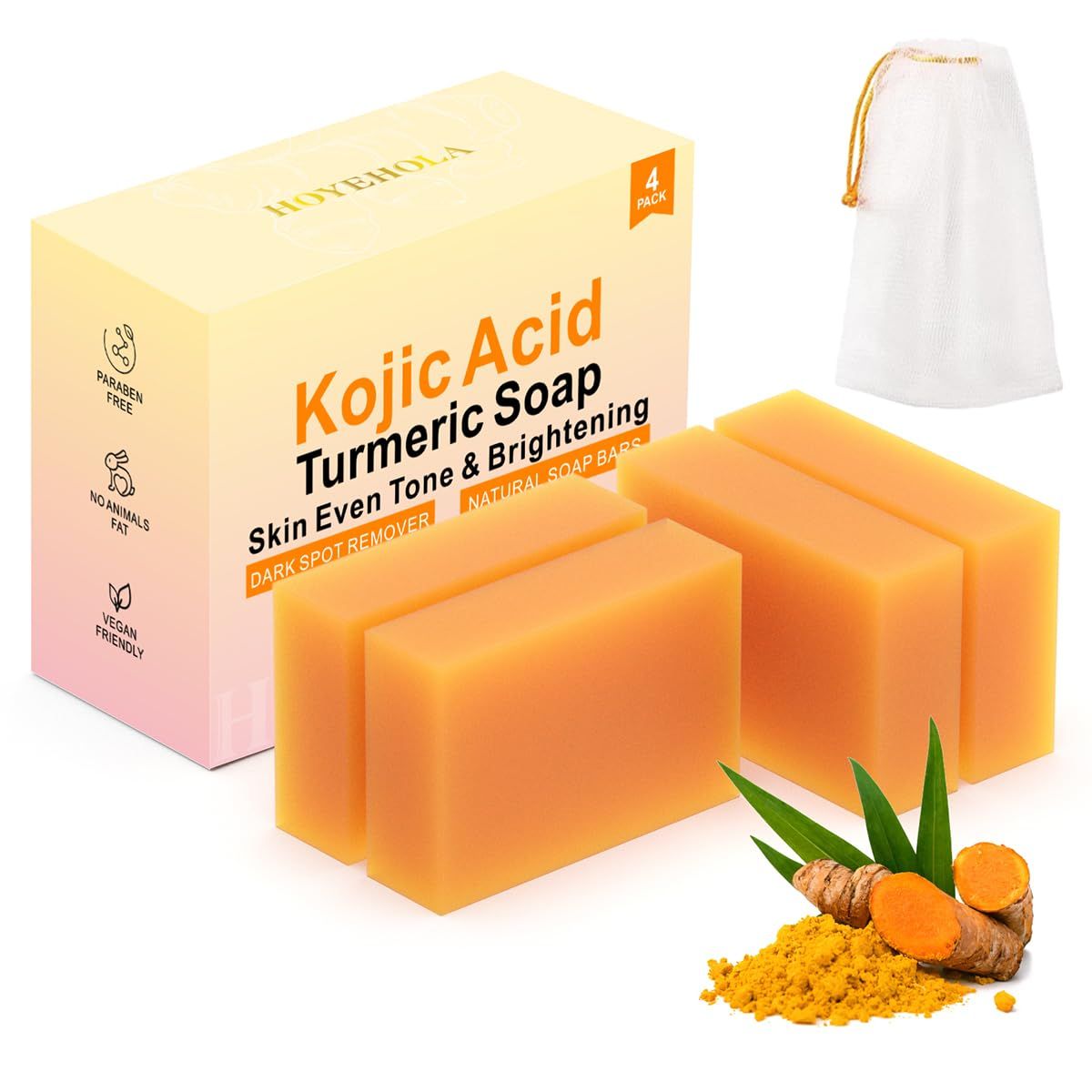 HOYEHOLA Kojic Acid Turmeric Soap Bar - Dark Spot Remover for Face Even Skin Tone, Moisturizing &amp; Nourishing Natural Ingredients 4Pack