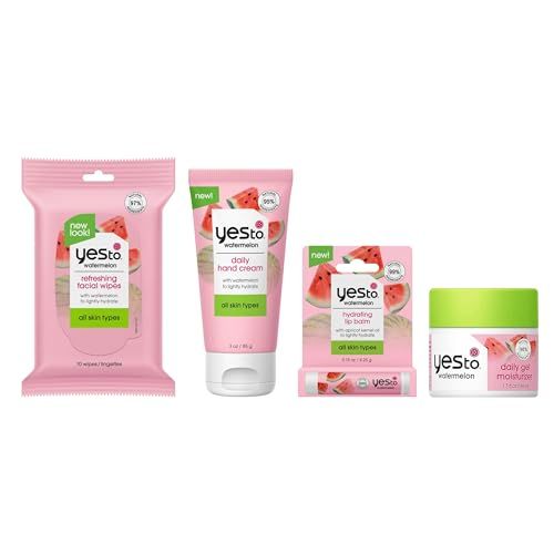 Yes To Watermelon Skincare Essentials Set - Face Wipes, Hand Cream, Lip Balm, Hydrating Moisturizer,