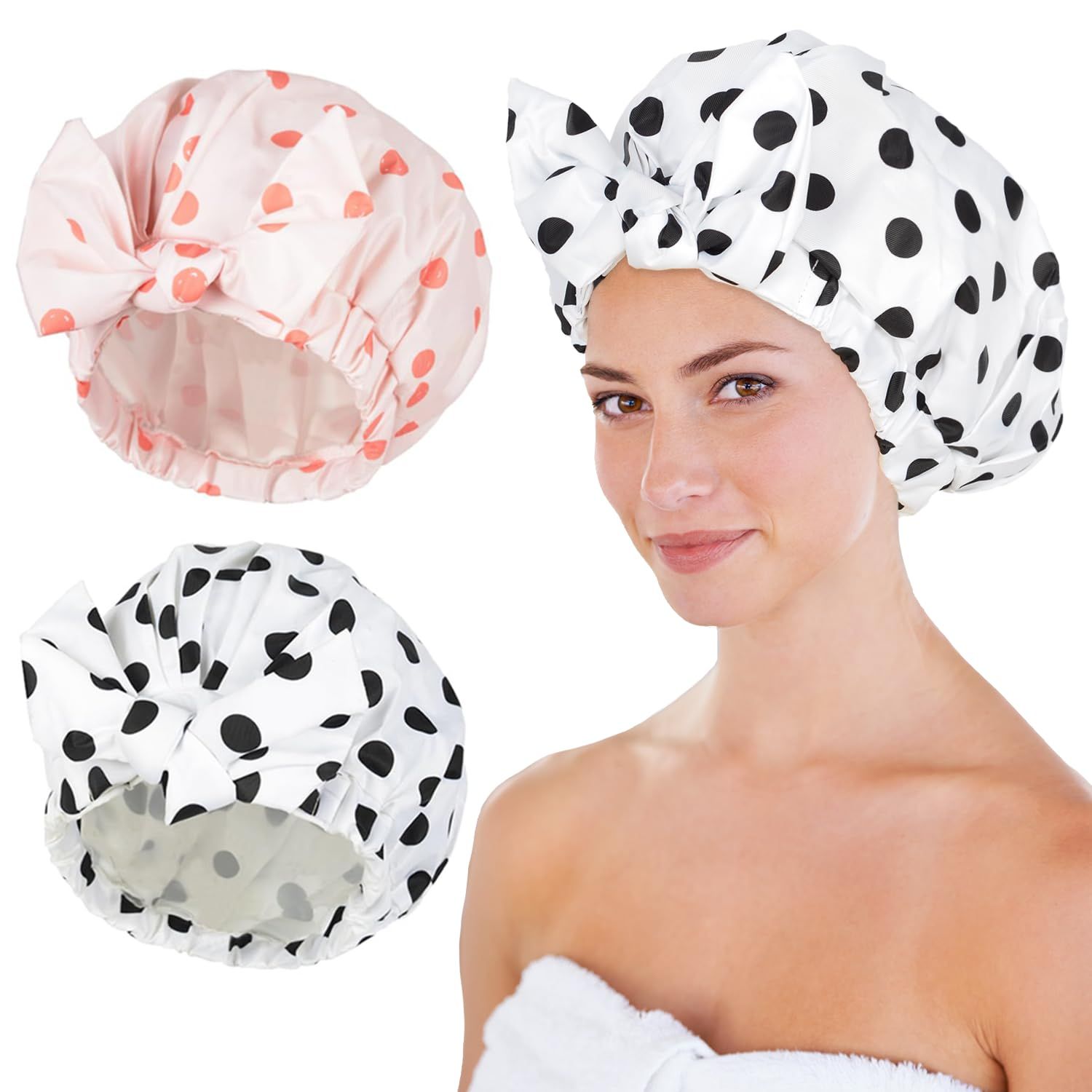 Luvruitaky Shower Cap 2Pcs Shower Caps for Women Reusable Waterproof Hair Cap for Shower with Adjustable Bowknot Luxury Bath Cap for Women (Black Dot &amp; Pink Dot)