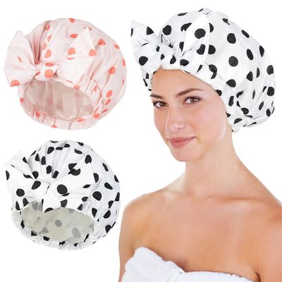 Luvruitaky Shower Cap 2Pcs Shower Caps for Women Reusable Waterproof Hair Cap for Shower with Adjustable Bowknot Luxury Bath Cap for Women (Black Dot &amp; Pink Dot)