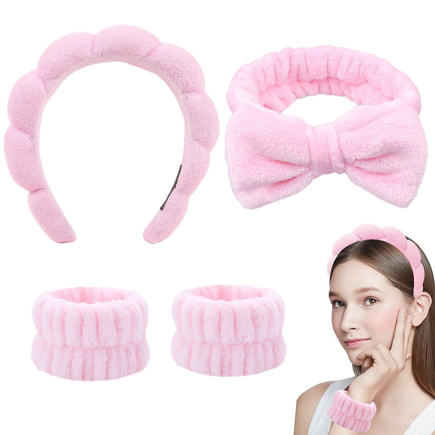 Homtycub Spa Headband, Sponge Spa Headband for Women, Soft Makeup Headband Face Wash and Wrist Washband Set Skincare Headbands for Face Washing, Shower, Makeup Removal (Pink - 4pcs)