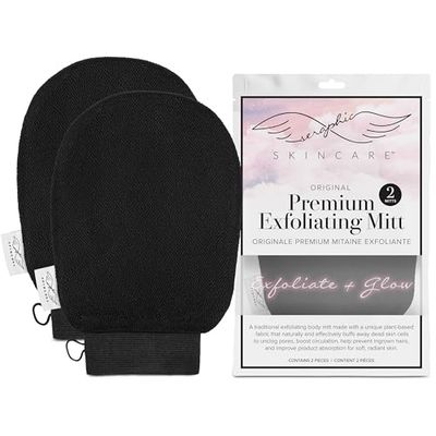 Seraphic Skincare (Original) Premium Exfoliating Mitt for Body (2pc) - 100% Vegan Viscose Traditional Body Scrub Glove Kessa Korean Washcloth - Body Exfoliator for Self-Tan Removal &amp; Keratosis Pilaris