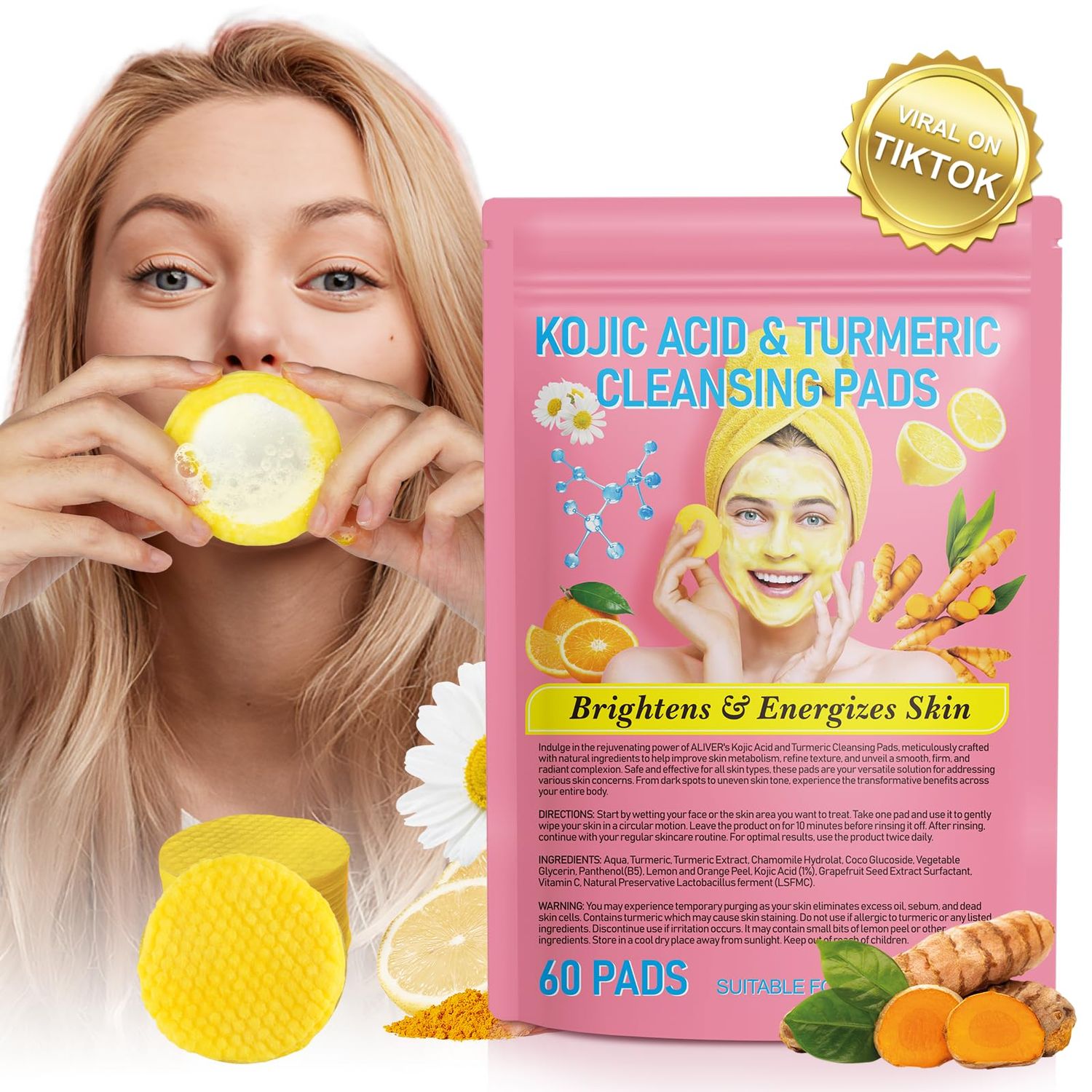 Turmeric Cleansing Pads 60 PCS, Kojic Acid and Turmeric Cleansing Pads, Turmeric Cleansing Pads for Dark Spots, Sugar Turmeric Exfoliating Cleansing Pads for Face and Body (1 pack)