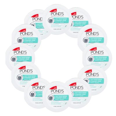 Pond&#39;s Light Moisturizer Cream, For Soft and Glowing Skin, Vitamin E, 12-Pack of 2.53 Fl Oz Each