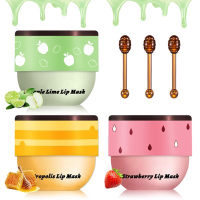 XINGXYUEL 3PCS Bee Lip Balm Honey Pot Honey Strawberry Apple Lip Balm Sleeping Lip Mask Silky Hydrating Bee Lip Balm Lip Mask Overnight Lip Care Products(Honey+Strawberry+Apple Lime)