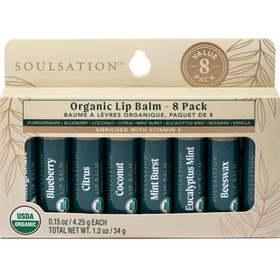 Soulsation Organic Lip Balm Set, 8 Flavors - Moisturizing for Cracked &amp; Dry Lips