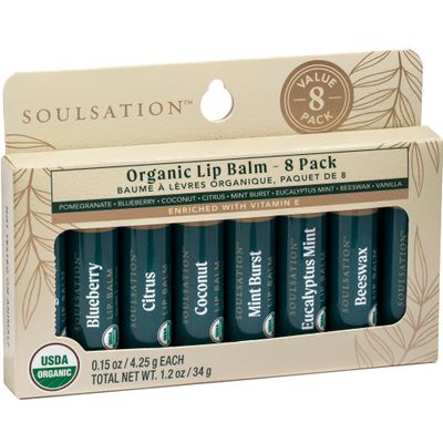 Soulsation Organic Lip Balm Set, 8 Flavors - Moisturizing for Cracked &amp; Dry Lips