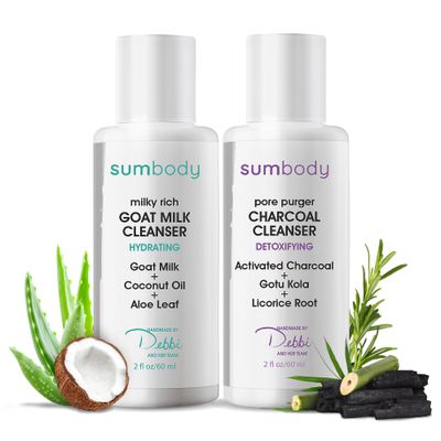 Sumbody Goat Milk &amp; Deep Pore Detoxifying Charcoal Face Wash Duo - Hydrating Facial Cleanser for Oily Skin, Organic Day and Night Gentle Skin Cleanser, Travel Face Wash for Men and Women, Made in USA