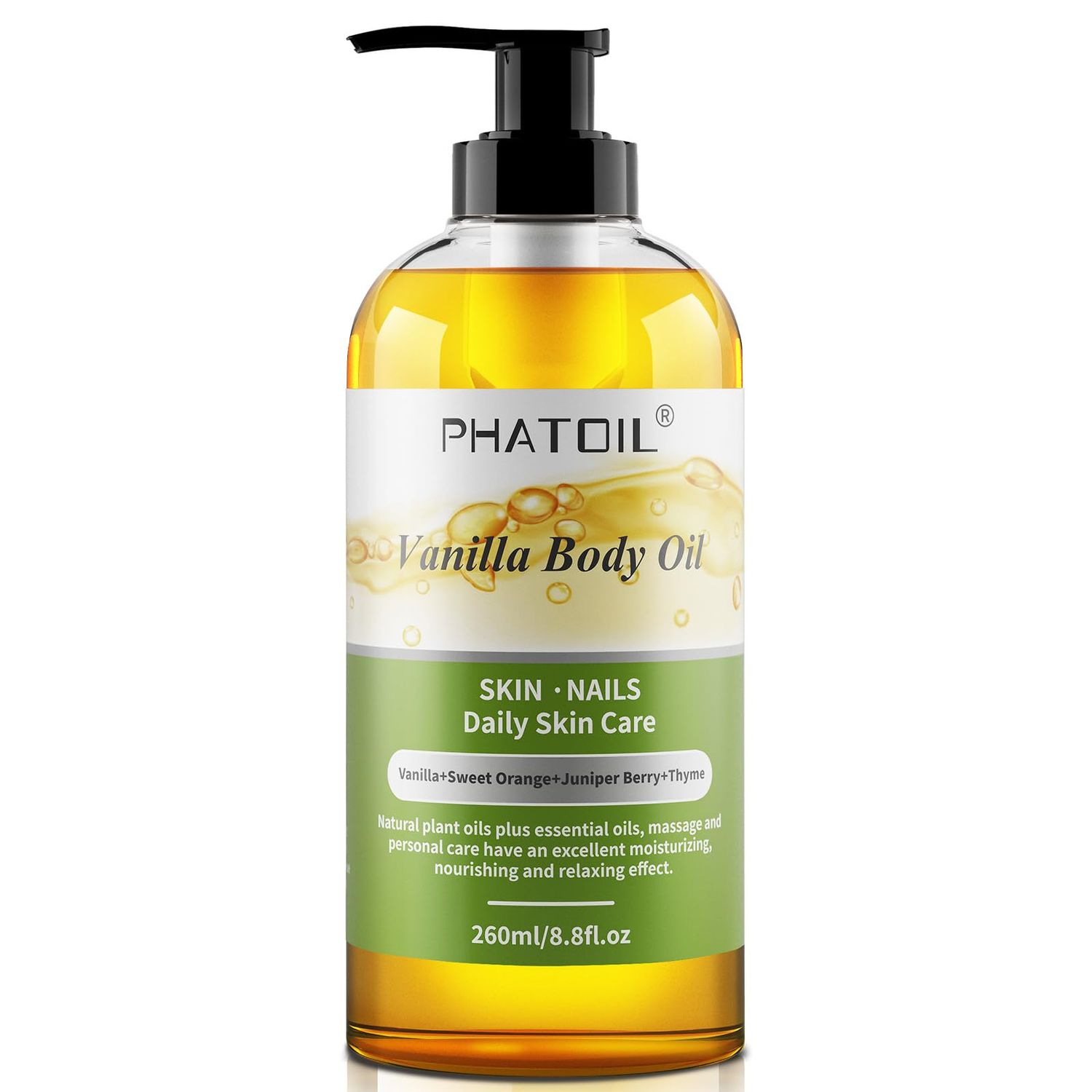 PHATOIL Vanilla Body Oil 260ML, Premium Body Oil for Moisturizing Skin, Long-Lasting Fragrance Vanilla Body Oil Massage Oil for All Skin Types - 8.8 FL.OZ