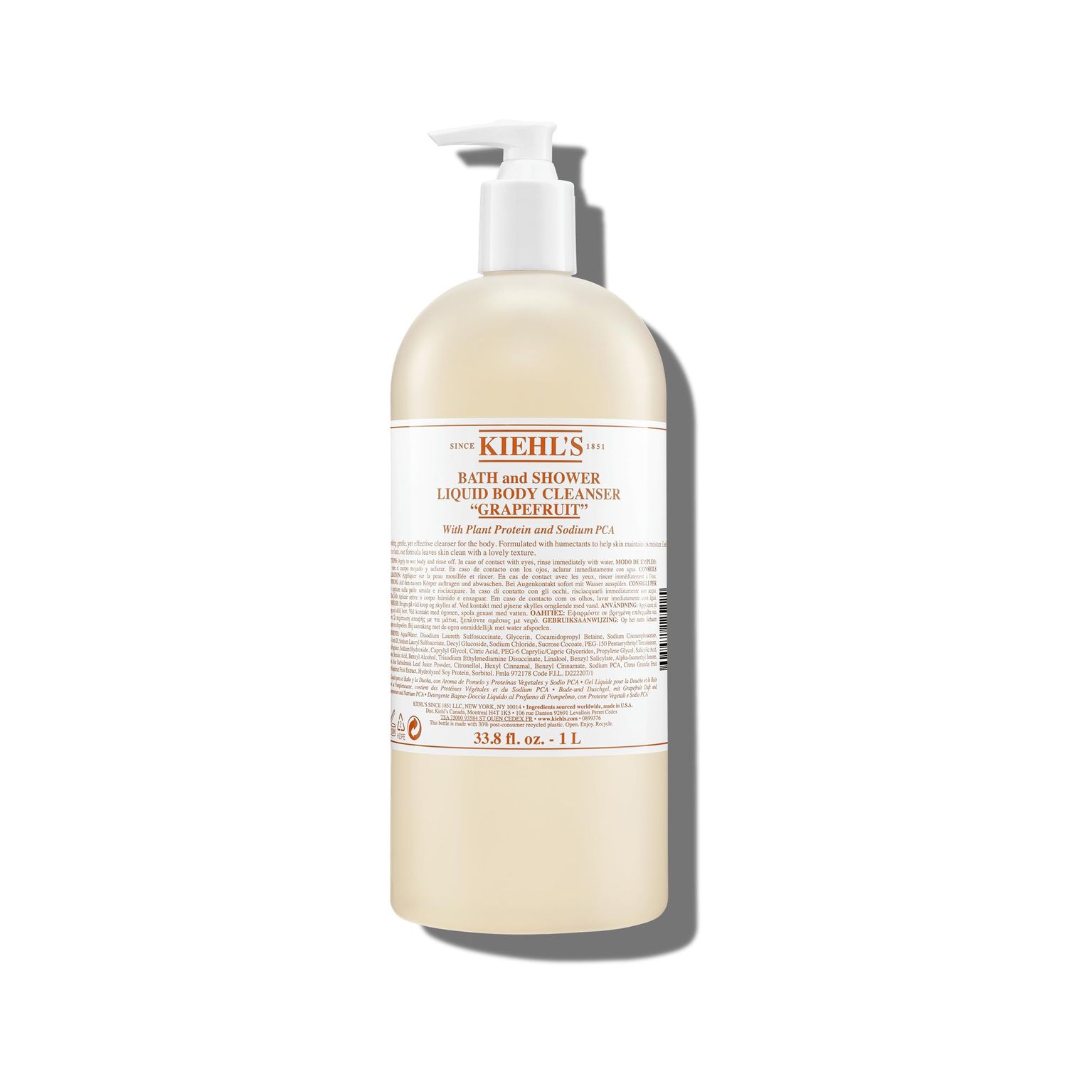 Kiehl&#39;s Grapefruit Liquid Body Cleanser, Gentle + Refreshing Foaming Body Wash, Aromatic Bath + Shower Experience, Maintains Moisture, Smooths Skin, Conditions, and Hydrates - 33.8 fl oz /1 Liter Pump