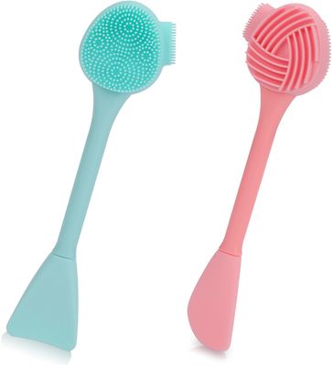 Silicone Face Brush, 2 Pcs Double Headed Face Cleansing Brush Skin Friendly Face Scrubber Exfoliator Face Mask Brush for Face Skincare Blackheads Whiteheads Makeup Residues Removal (Green, Pink)