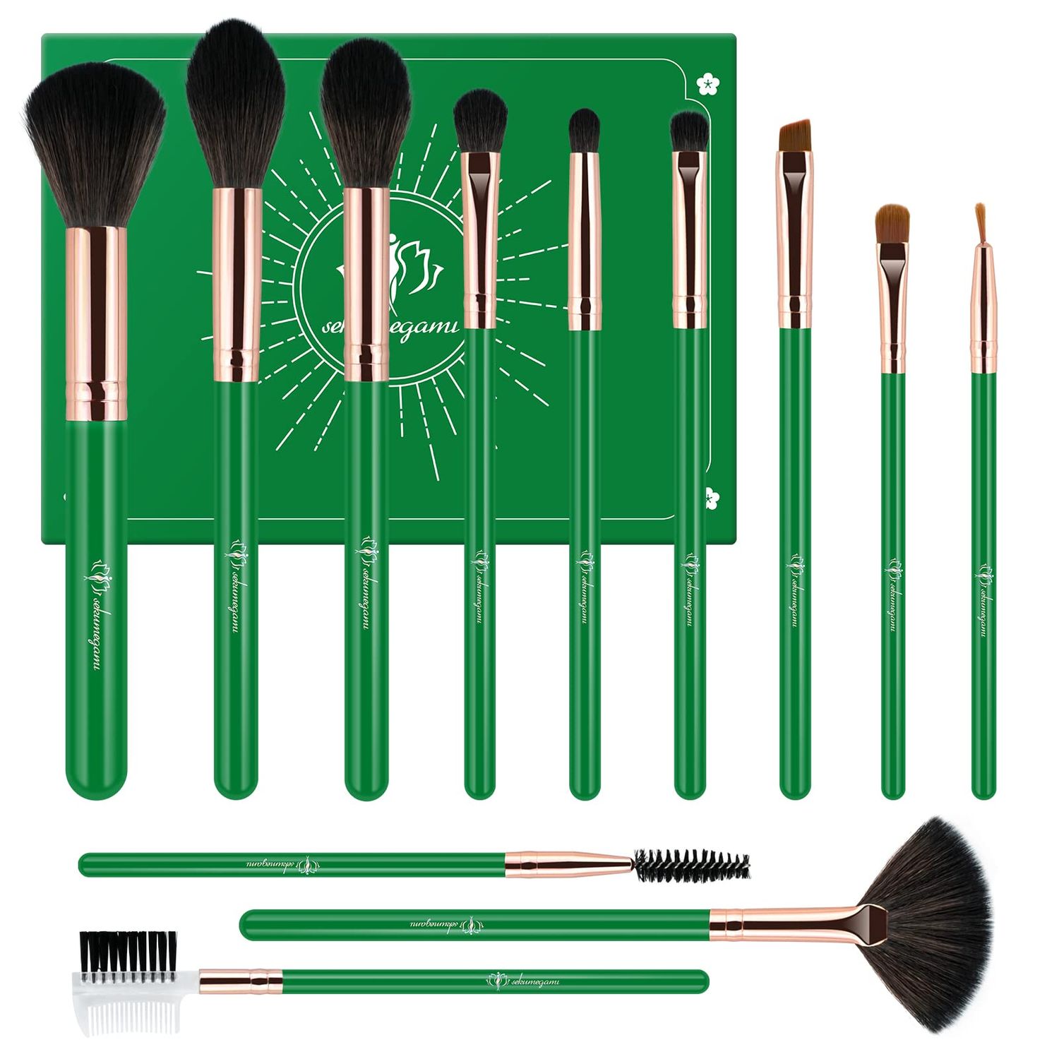 Makeup Brushes Set Professional - 12pcs Deep Green Make up Brush Set Foundation Eyebrow Blush Concealer Face Powder Eye Shadows Highlight Brush Kit Wooden Handle
