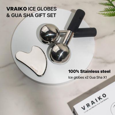 VRAIKO ICE Globes for Facials & Gua Sha Set, Gua Sha Facial Tools and Cryo Sticks with Unbreakable Steel, Face Massager Cooling Rollers for Dark Circles, Puffiness and Lymphatic Drainage (Black)