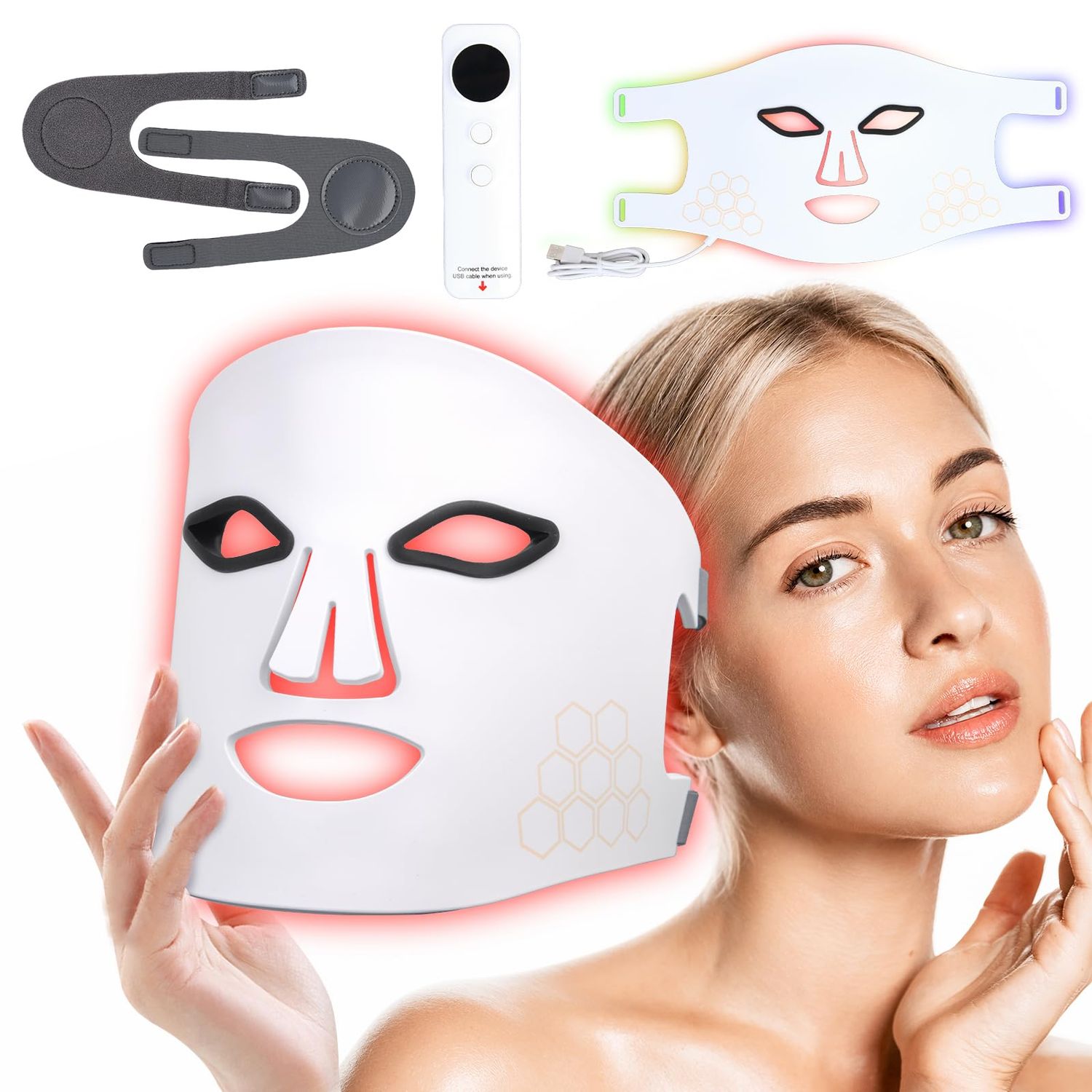 Red Light Therapy for Face,4 Modes LED Face Mask Light Therapy 850nm Wavelength Penetrates Deeply Into the Skin,With a Remote control Handle,Eye Mask,Timing Function for Skin Care at Home,Travel