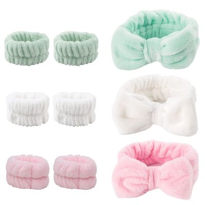 Malaxlx 9 Pcs Spa Headband Wrist Washband Set, Face Wash Headband Facial Makeup Headband Bow Hair Band, Soft Coral Fleece Elastic Head Wraps Absorbent Wristbands for Women Girls