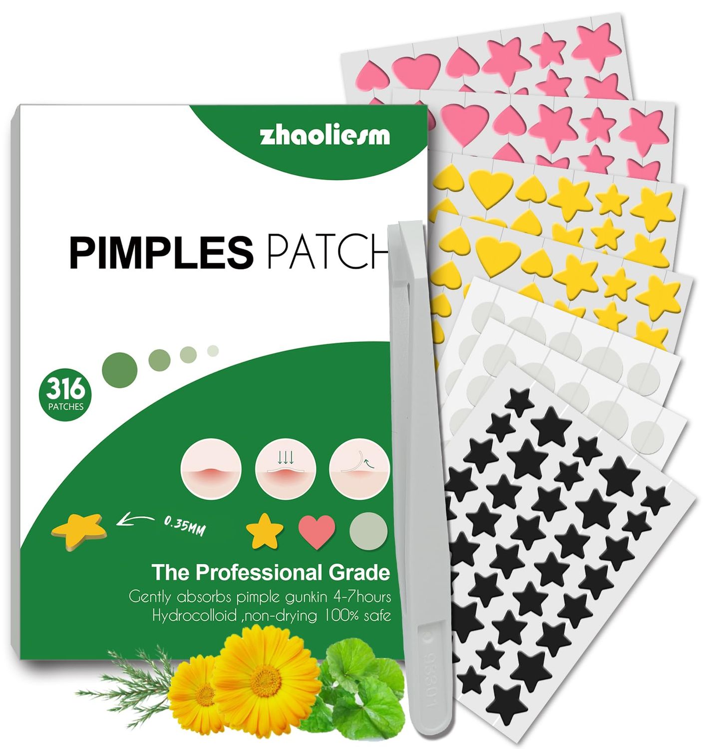 Star Pimple Patches for Face, 316 Count Invisible Acne Patches, Cute Stars Zit Covers for Skin Care, Heart Shaped Hydrocolloid Spot Stickers Contain Centella Asiatica, Tea Tree Oil, Salicylic Acid