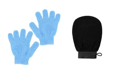 Korean Deep Exfoliating 100% Viscose Mitts &amp; Gloves Set Dead Skin Remover &amp; Exfoliator Perfect for Spray Tan Removal Keratosis Pilaris Shower Spa Massage &amp; Body Scrub (1 Black Mitten, 2 Blue Gloves)