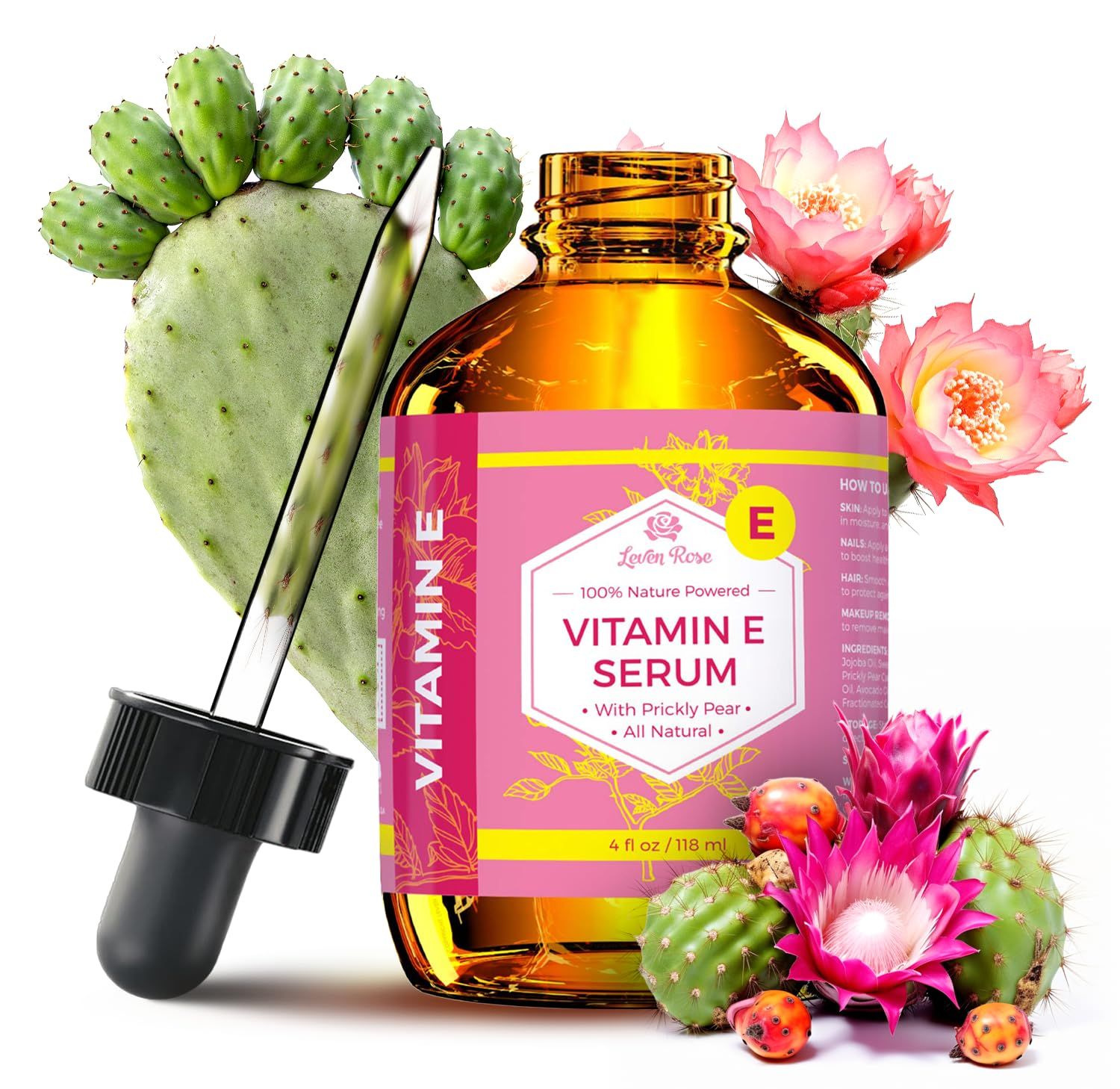 Leven Rose Vitamin E Oil Serum 100% Pure Organic All Natural Face, Dry Skin &amp; Body Moisturizer Treatment, Hair &amp; Nail Growth Oil, Pure Makeup Remover, Acne Cleansing Oil Large 4 oz