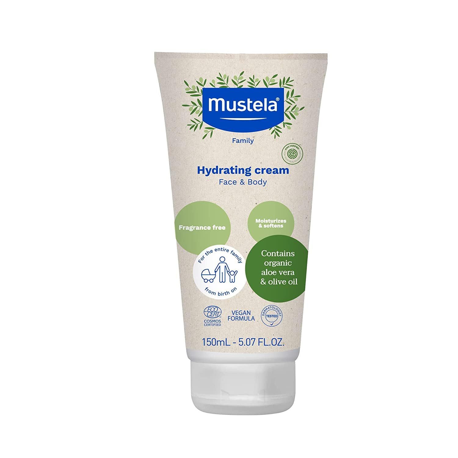 Mustela Certified Organic Hydrating Cream - Natural Body Lotion w/ Olive Oil, Aloe Vera &amp; Sunflower Oil - For Baby, Kid &amp; Adult - Fragrance Free, EWG Verified &amp; Vegan - 5.07 oz. - Packaging may vary