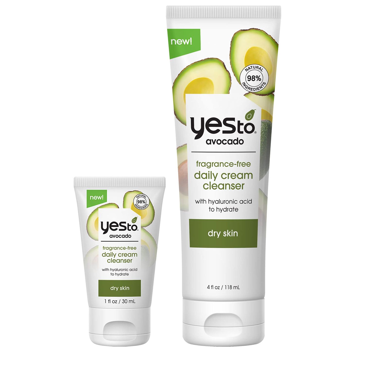 Yes To Avocado Fragrance Free Daily Cream Cleanser Bundle, Hydrating Face Wash, With Hyaluronic Acid &amp; Glycerin, Natural Vegan &amp; Cruelty Free, 1 Full 4 Fl Oz &amp; 1 Travel 1 Fl Oz, 2 Piece Assortment