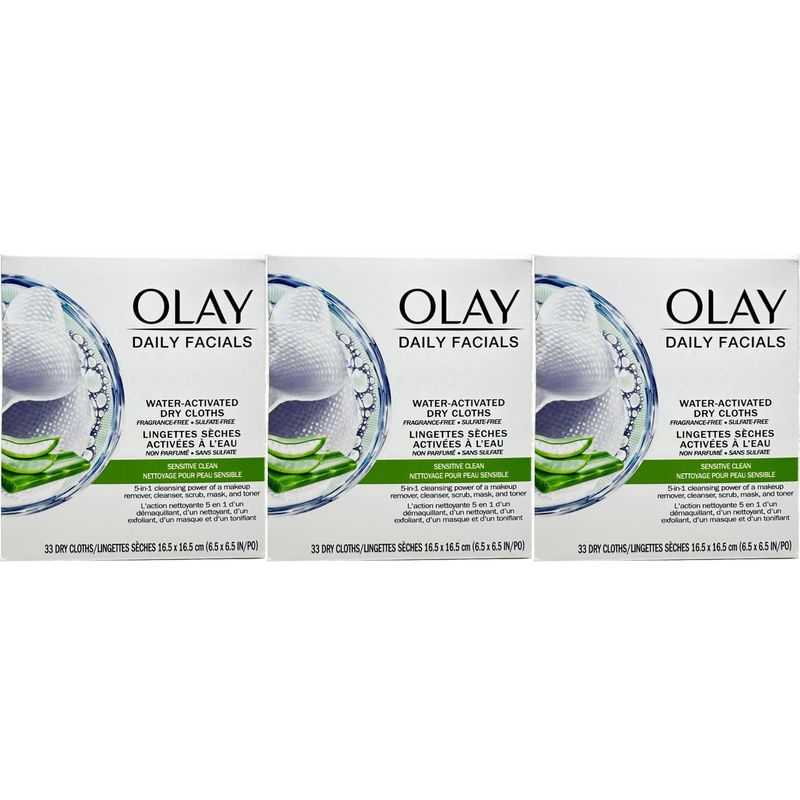 OLAY Daily Gentle Clean 5-in-1 Water Activated Cloths, 33 Count (Pack of 3)