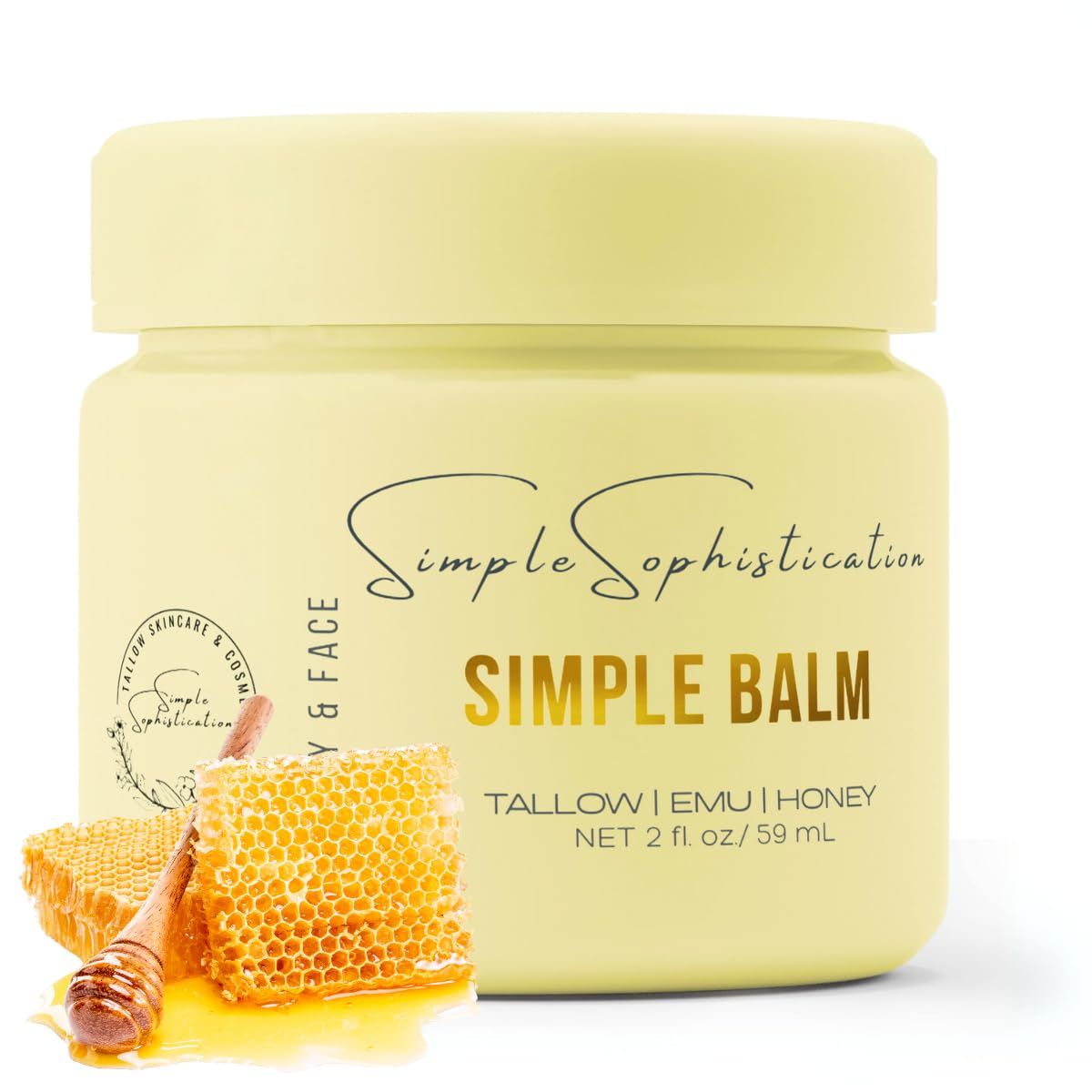 Simple Sophistication Tallow | Emu | Honey Balms Gentle, Natural with Manuka Honey Intense Nutrition for Healthy, Clear, Calm, Younger Face and Skin - Simple Balm - Made In USA