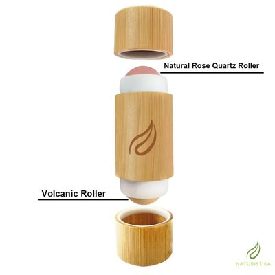 Naturistika Double head Face Roller with Rose Quartz + Volcanic Stone. Bamboo Face Roller Oil Absorbing Roller with Natural Quartz Face Eye Roller Massager. 1 count.