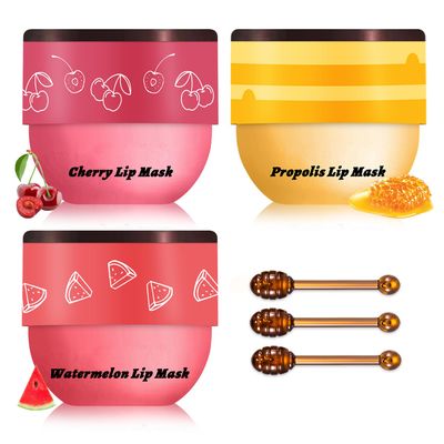 QIUFSSE Honey Pot Lip Balm,3PCS Bee Lip Balm Honey Pot Cherry Watermelon Lip Scrub,Fade Lip Lines Prevention Dry and Cracked Lip Mask Overnight (Honey+Watermelon+Cherry)