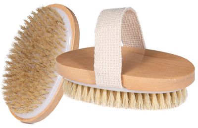 Opaz Dry Body Brush 2 Pack Natural Bristle for Dry Skin - Exfoliator Scrubber - Wet or Dry Scrub Smooth Cellulite - Stimulate Blood Flow